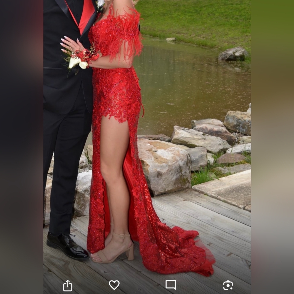Sherri Hill Red Lace-Up Feather Sleeve Prom Dress - Picture 2 of 8